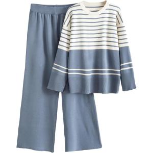 Tanming Womens Lounge Set 2 Piece Outfit Striped Knit Pullover Sweater Top Wide Leg Pants Tracksuit(Blue)