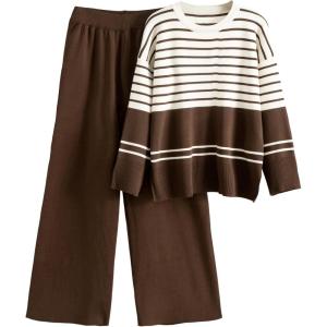 Tanming Womens Lounge Set 2 Piece Outfit Striped Knit Pullover Sweater Top Wide Leg Pants Tracksuit(Coffee)