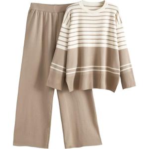 Tanming Womens Lounge Set 2 Piece Outfit Striped Knit Pullover Sweater Top Wide Leg Pants Tracksuit(Khaki)
