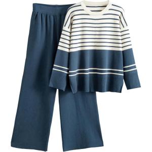 Tanming Womens Lounge Set 2 Piece Outfit Striped Knit Pullover Sweater Top Wide Leg Pants Tracksuit(Navy)
