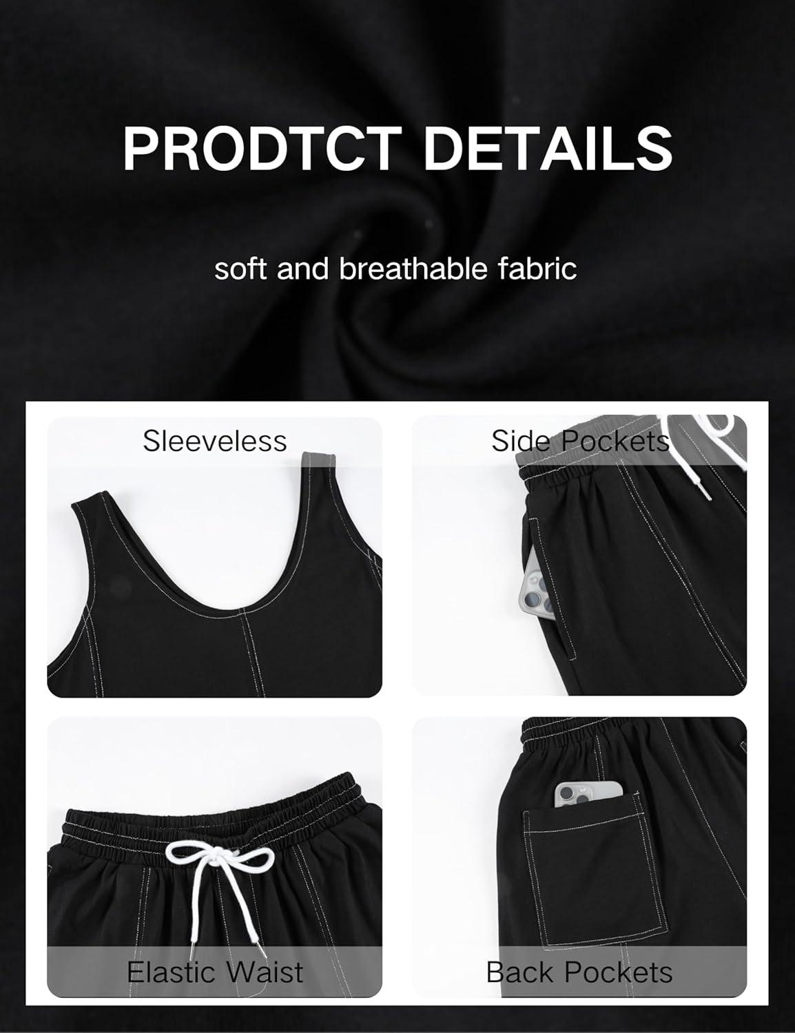 imageTanming Womens 2 Piece Outfits Contrast Stitching Matching Sets A Line Tank Tops High Waist Shorts with PocketsBlack