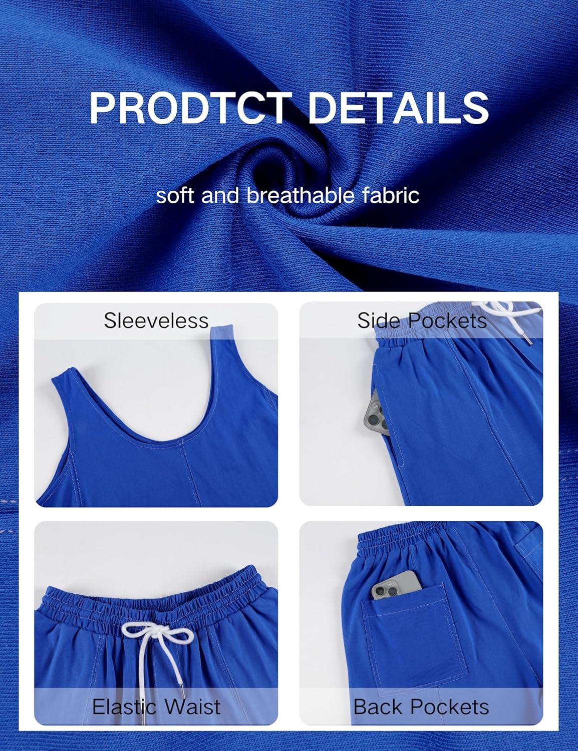 imageTanming Womens 2 Piece Outfits Contrast Stitching Matching Sets A Line Tank Tops High Waist Shorts with PocketsKlein Blue