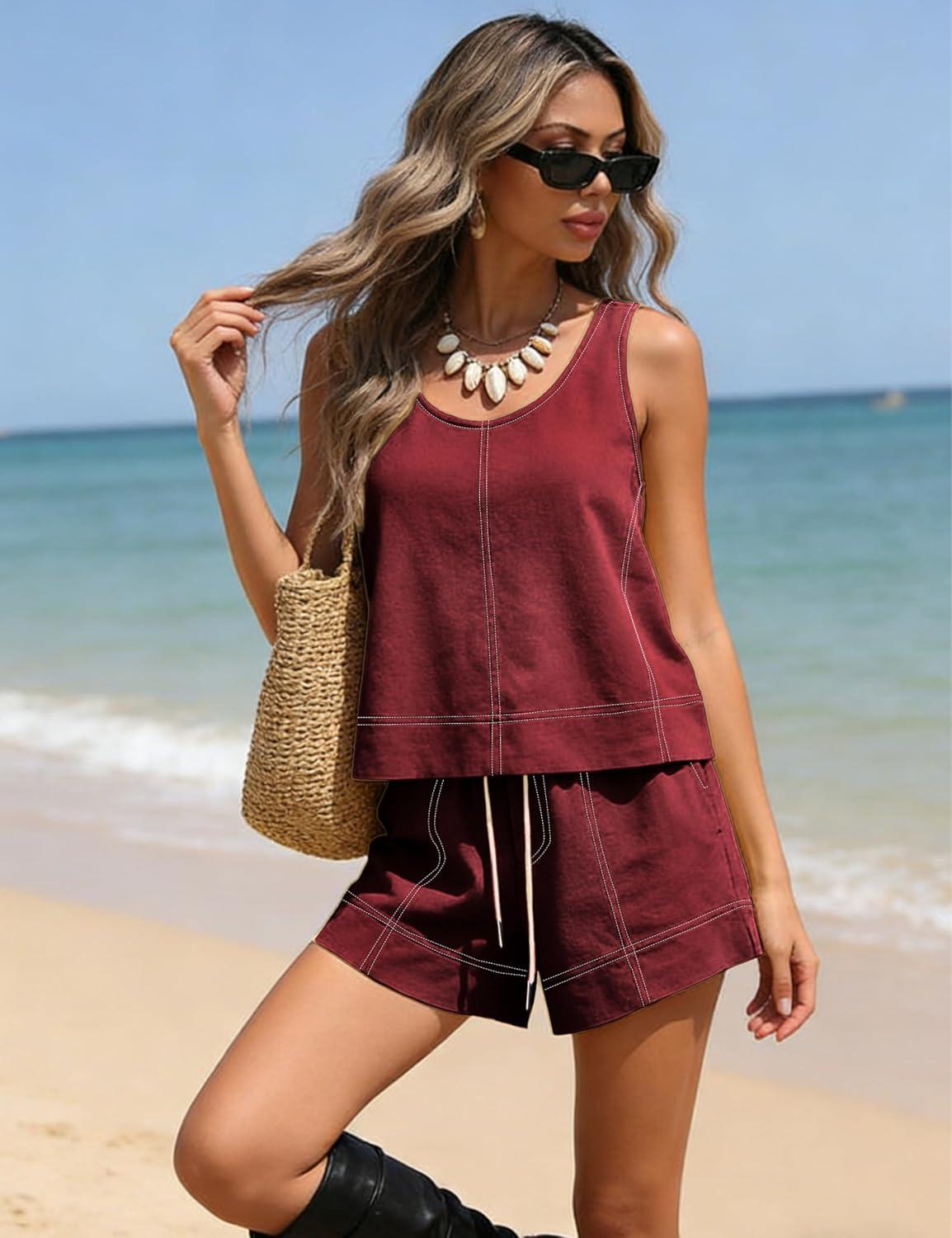 imageTanming Womens 2 Piece Outfits Contrast Stitching Matching Sets A Line Tank Tops High Waist Shorts with PocketsWine