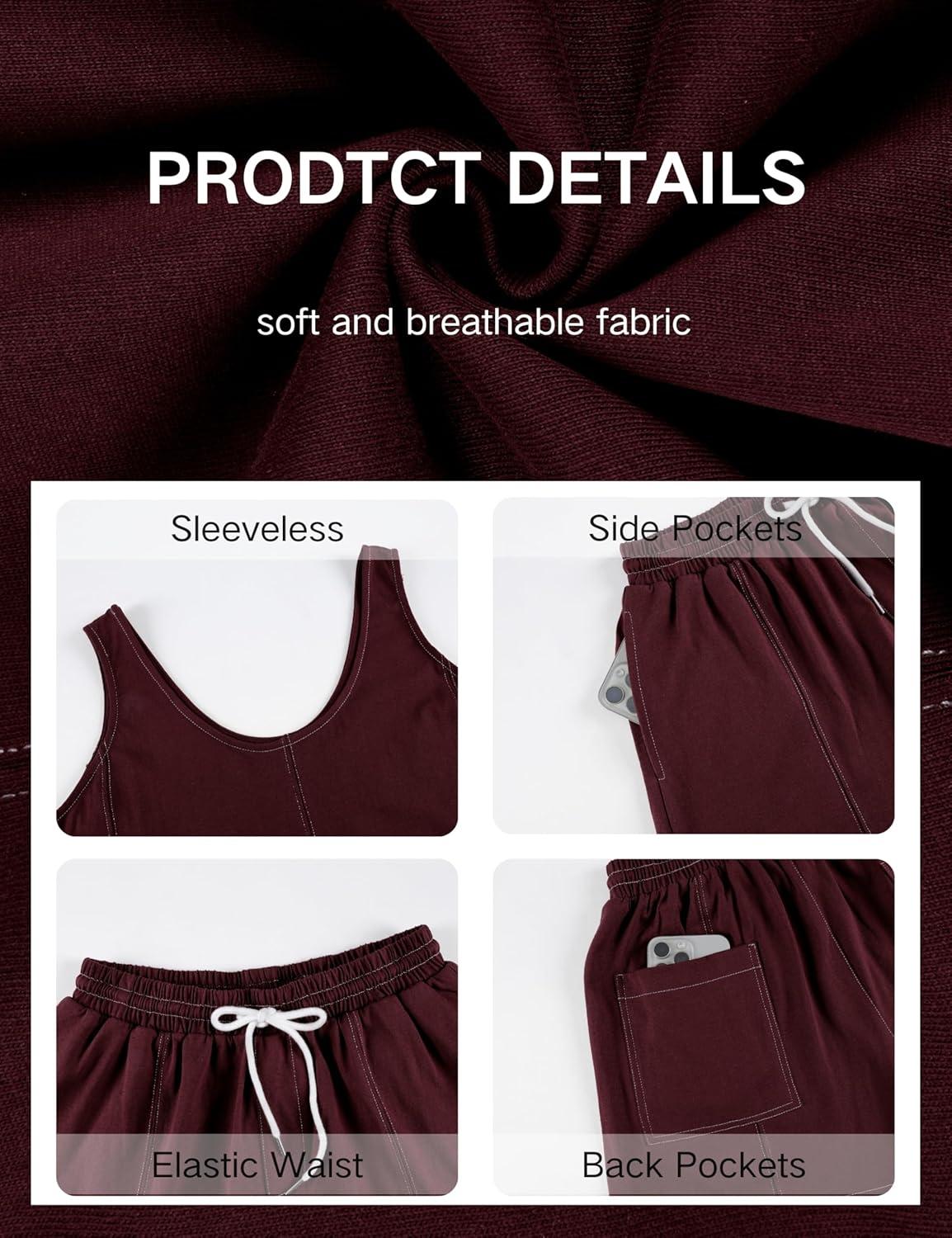 imageTanming Womens 2 Piece Outfits Contrast Stitching Matching Sets A Line Tank Tops High Waist Shorts with PocketsWine
