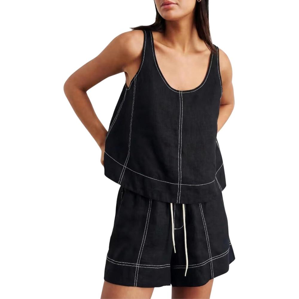 imageTanming Womens 2 Piece Outfits Contrast Stitching Matching Sets A Line Tank Tops High Waist Shorts with PocketsBlack