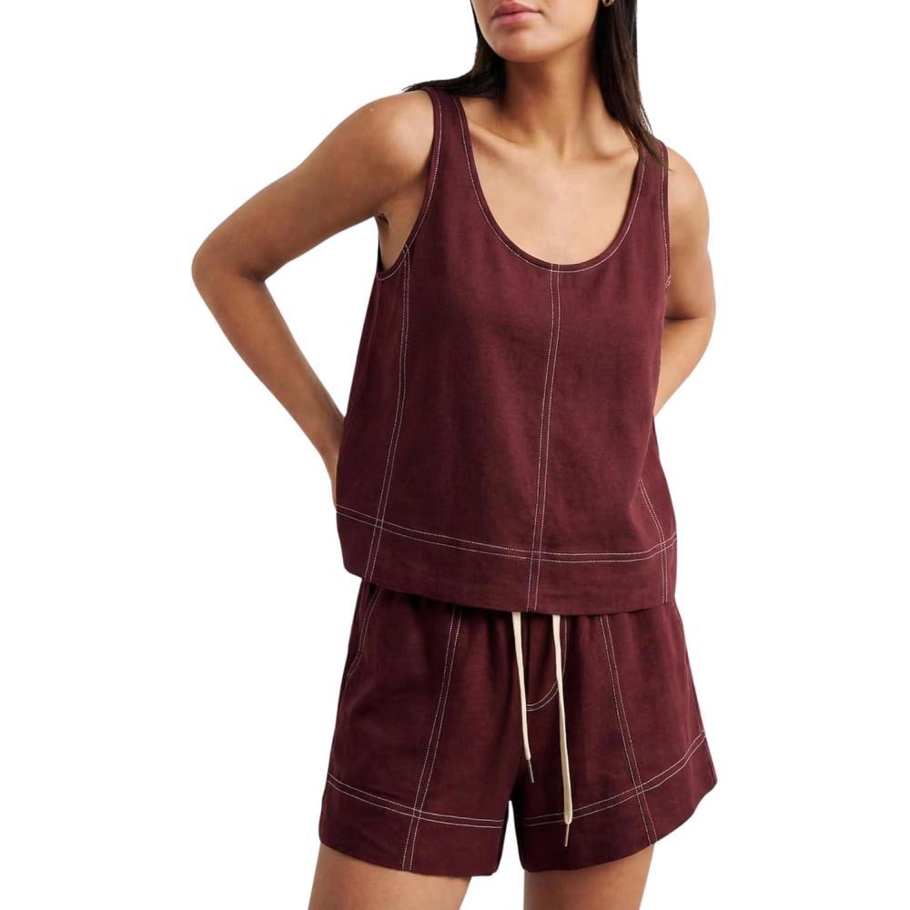 imageTanming Womens 2 Piece Outfits Contrast Stitching Matching Sets A Line Tank Tops High Waist Shorts with PocketsWine