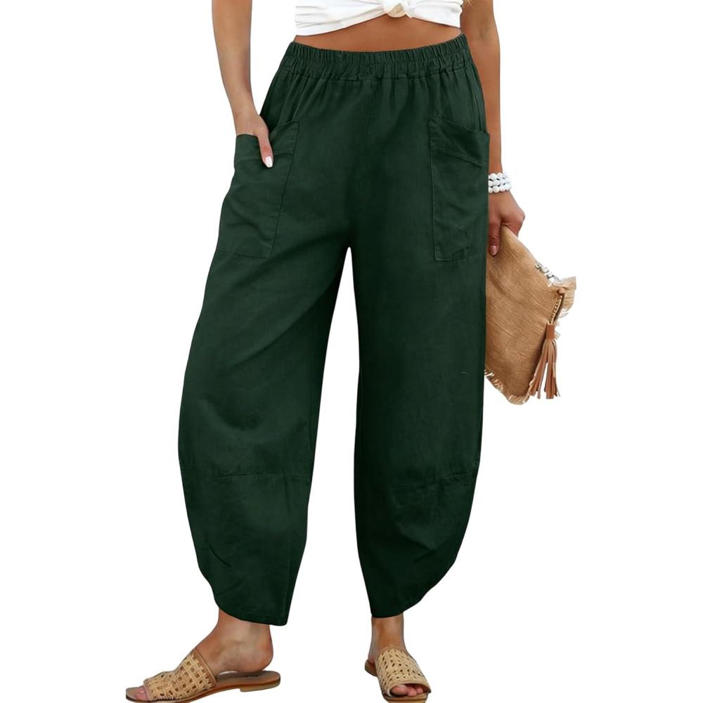 imageTanming Womens Linen Harem Pants Elastic Waist Tapered Wide Leg Pants Casual Baggy Capris Slack with PocketsArmy Green