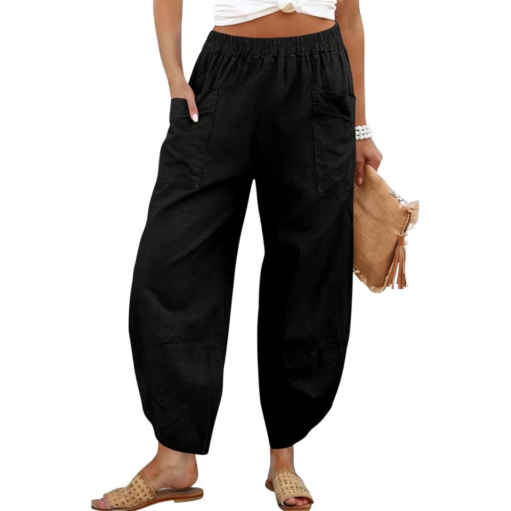 imageTanming Womens Linen Harem Pants Elastic Waist Tapered Wide Leg Pants Casual Baggy Capris Slack with PocketsBlack