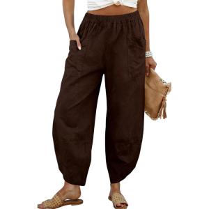 Tanming Womens Linen Harem Pants Elastic Waist Tapered Wide Leg Pants Casual Baggy Capris Slack with Pockets(Coffee)