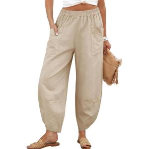 Tanming Womens Linen Harem Pants Elastic Waist Tapered Wide Leg Pants Casual Baggy Capris Slack with Pockets(Khaki)