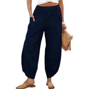 Tanming Womens Linen Harem Pants Elastic Waist Tapered Wide Leg Pants Casual Baggy Capris Slack with Pockets(Navy)
