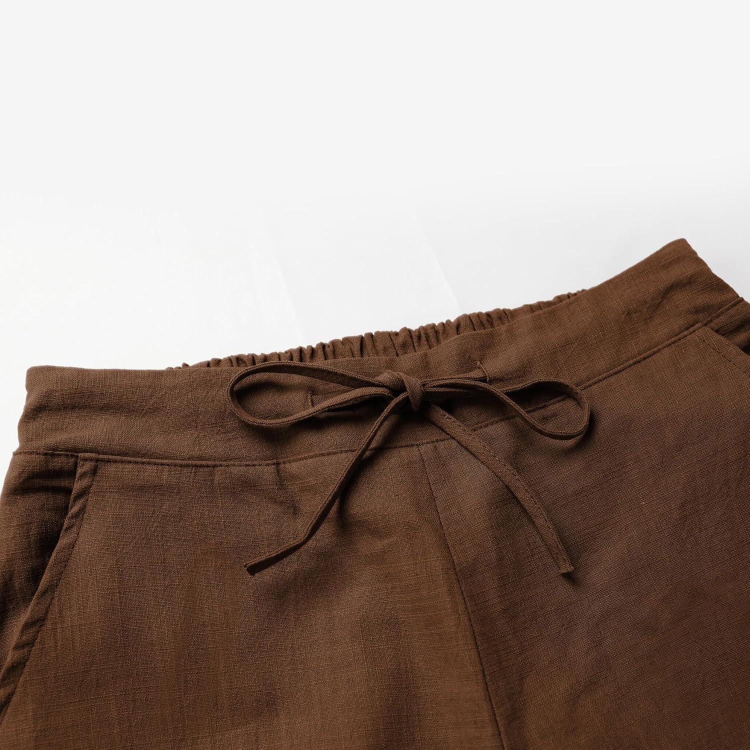 imageTanming Linen Pants for Women Summer Casual High Waisted Drawstring White Beach PantBrown