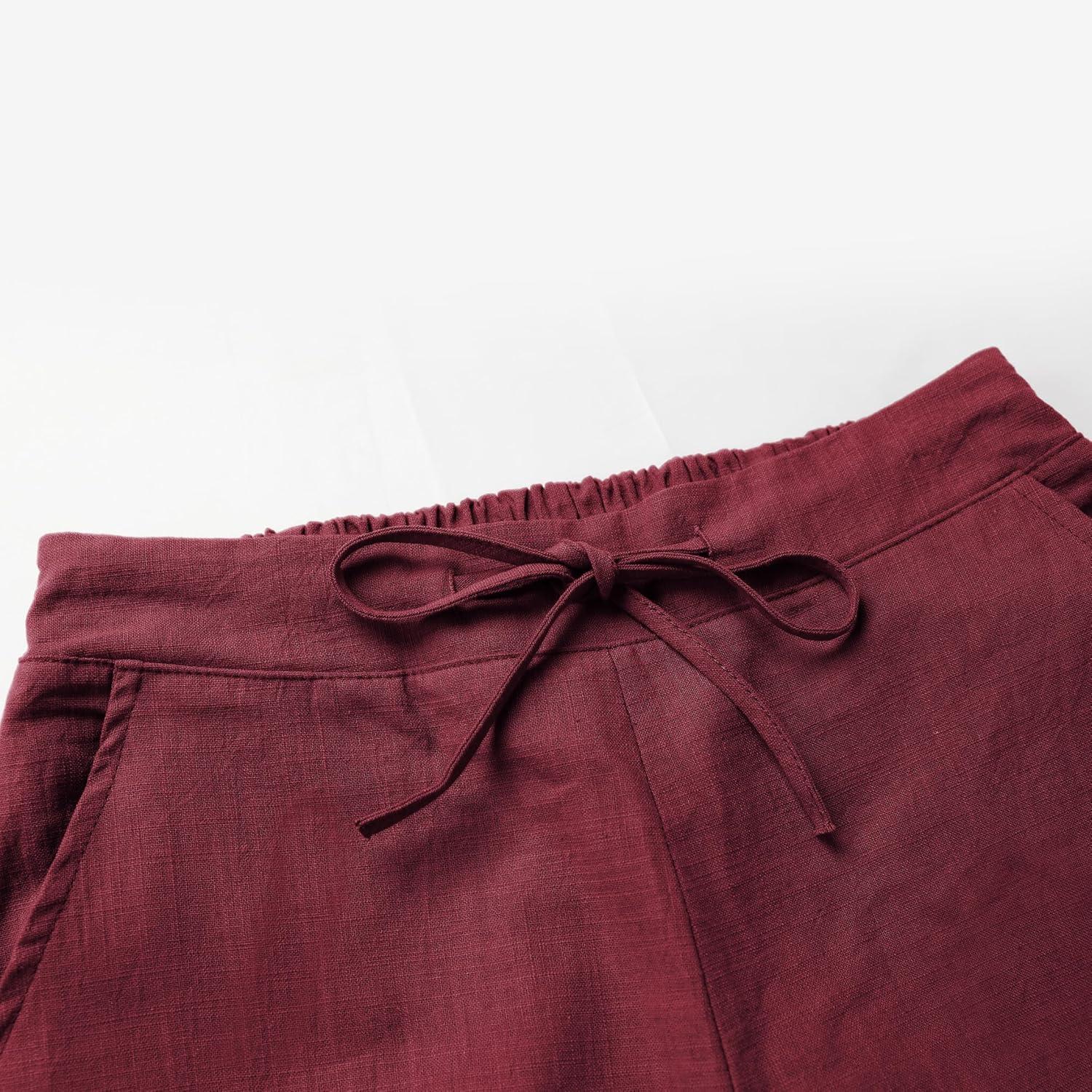 imageTanming Linen Pants for Women Summer Casual High Waisted Drawstring White Beach PantWine Red