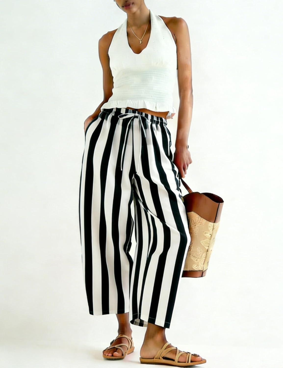 imageTanming Womens Linen Pants Casual Striped Drawstring Wide Leg Trousers Palazzo Pants with Pockets Beach Vacation BottomsBlack