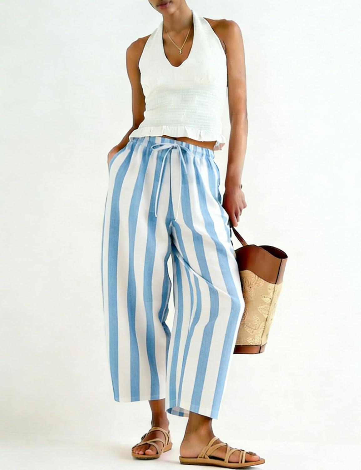 imageTanming Womens Linen Pants Casual Striped Drawstring Wide Leg Trousers Palazzo Pants with Pockets Beach Vacation BottomsBlue