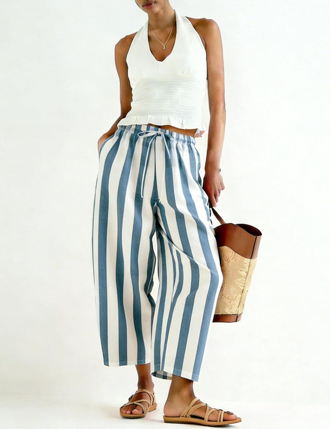 imageTanming Womens Linen Pants Casual Striped Drawstring Wide Leg Trousers Palazzo Pants with Pockets Beach Vacation BottomsBluegrey