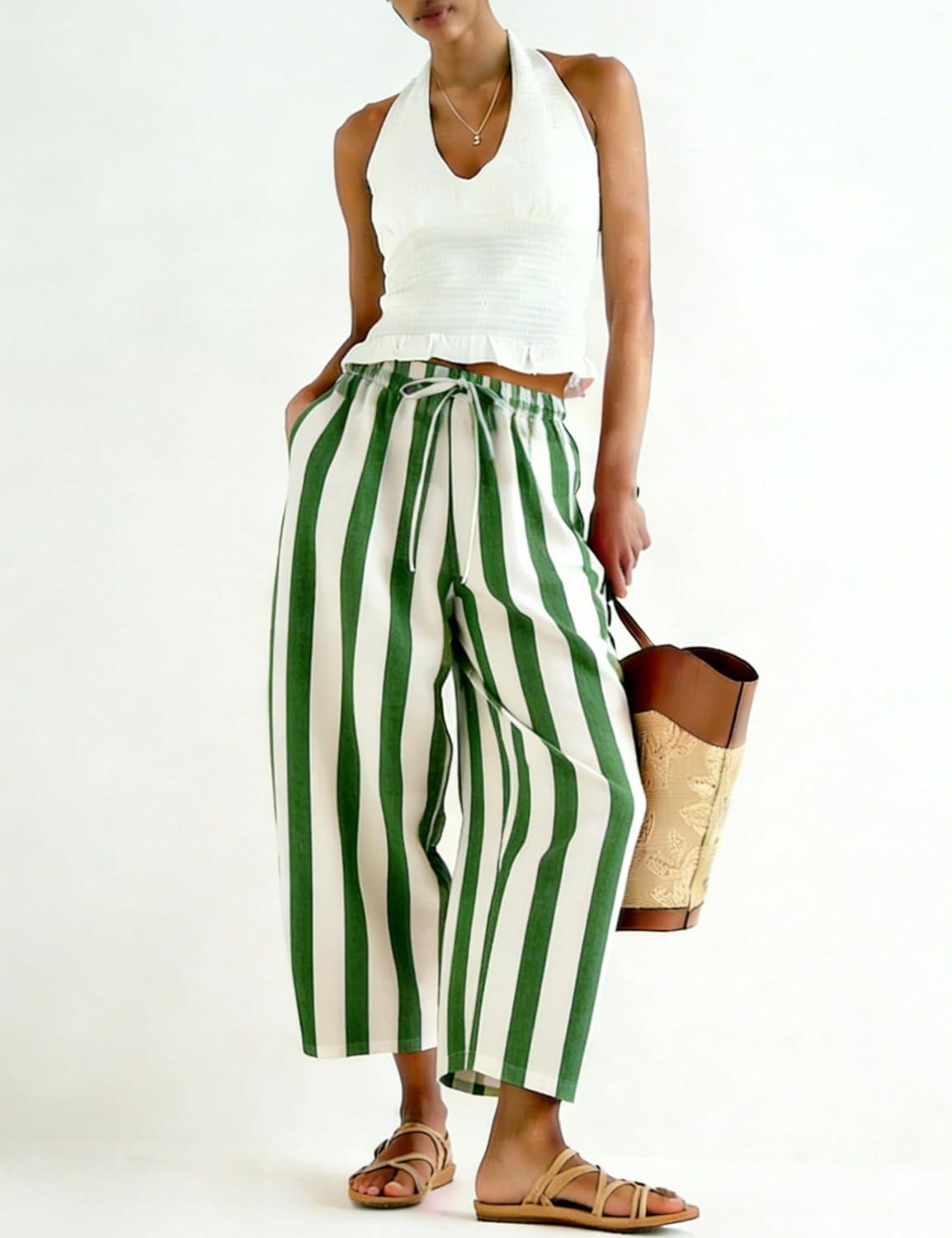 imageTanming Womens Linen Pants Casual Striped Drawstring Wide Leg Trousers Palazzo Pants with Pockets Beach Vacation BottomsGreen