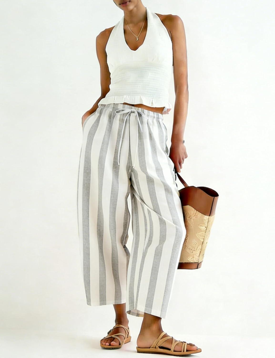 imageTanming Womens Linen Pants Casual Striped Drawstring Wide Leg Trousers Palazzo Pants with Pockets Beach Vacation BottomsGrey