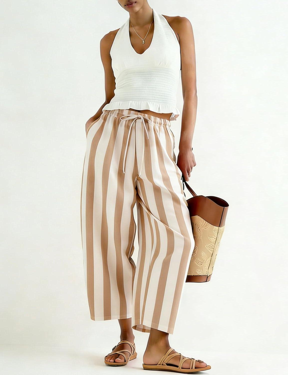 imageTanming Womens Linen Pants Casual Striped Drawstring Wide Leg Trousers Palazzo Pants with Pockets Beach Vacation BottomsKhaki