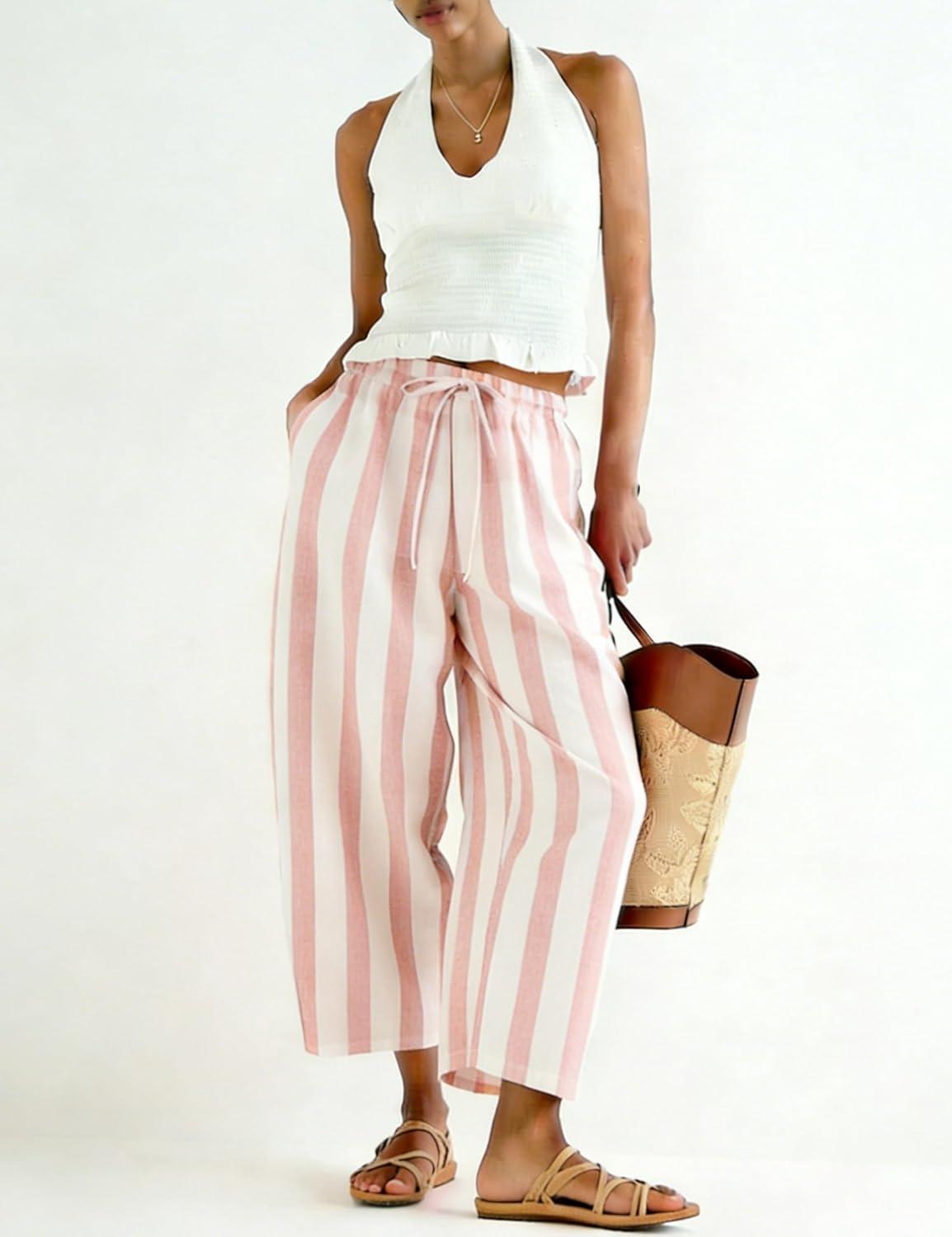 imageTanming Womens Linen Pants Casual Striped Drawstring Wide Leg Trousers Palazzo Pants with Pockets Beach Vacation BottomsPink