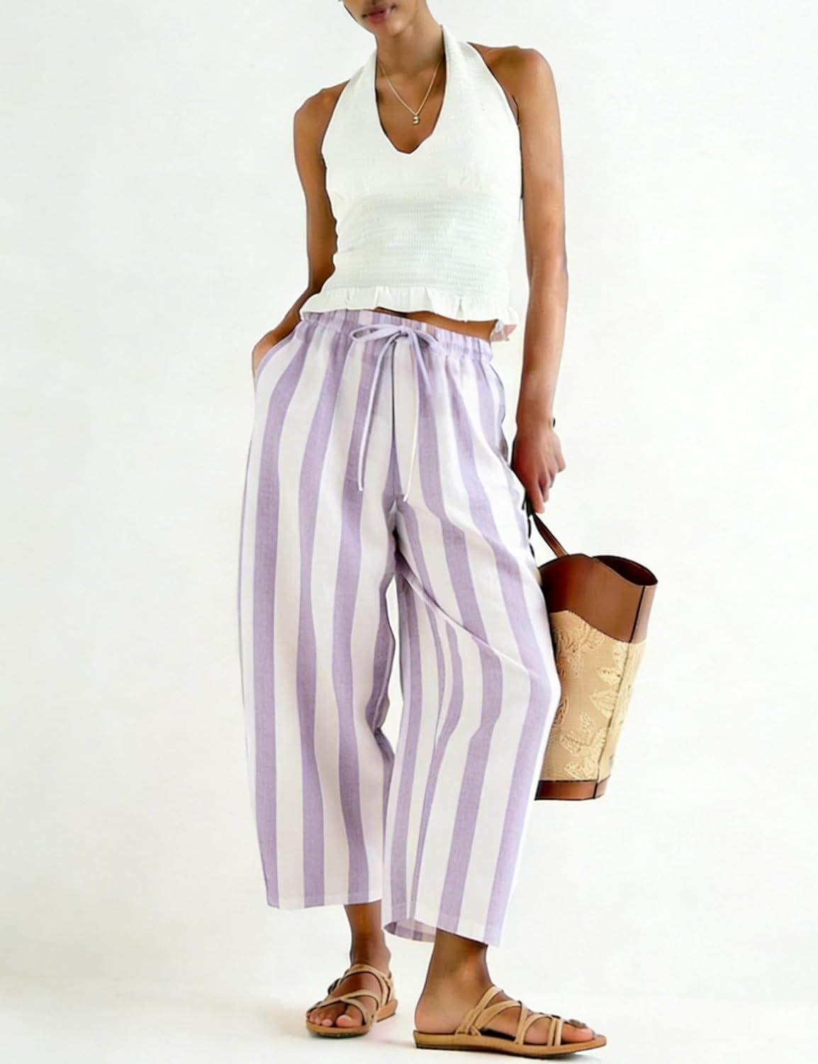 imageTanming Womens Linen Pants Casual Striped Drawstring Wide Leg Trousers Palazzo Pants with Pockets Beach Vacation BottomsPurple
