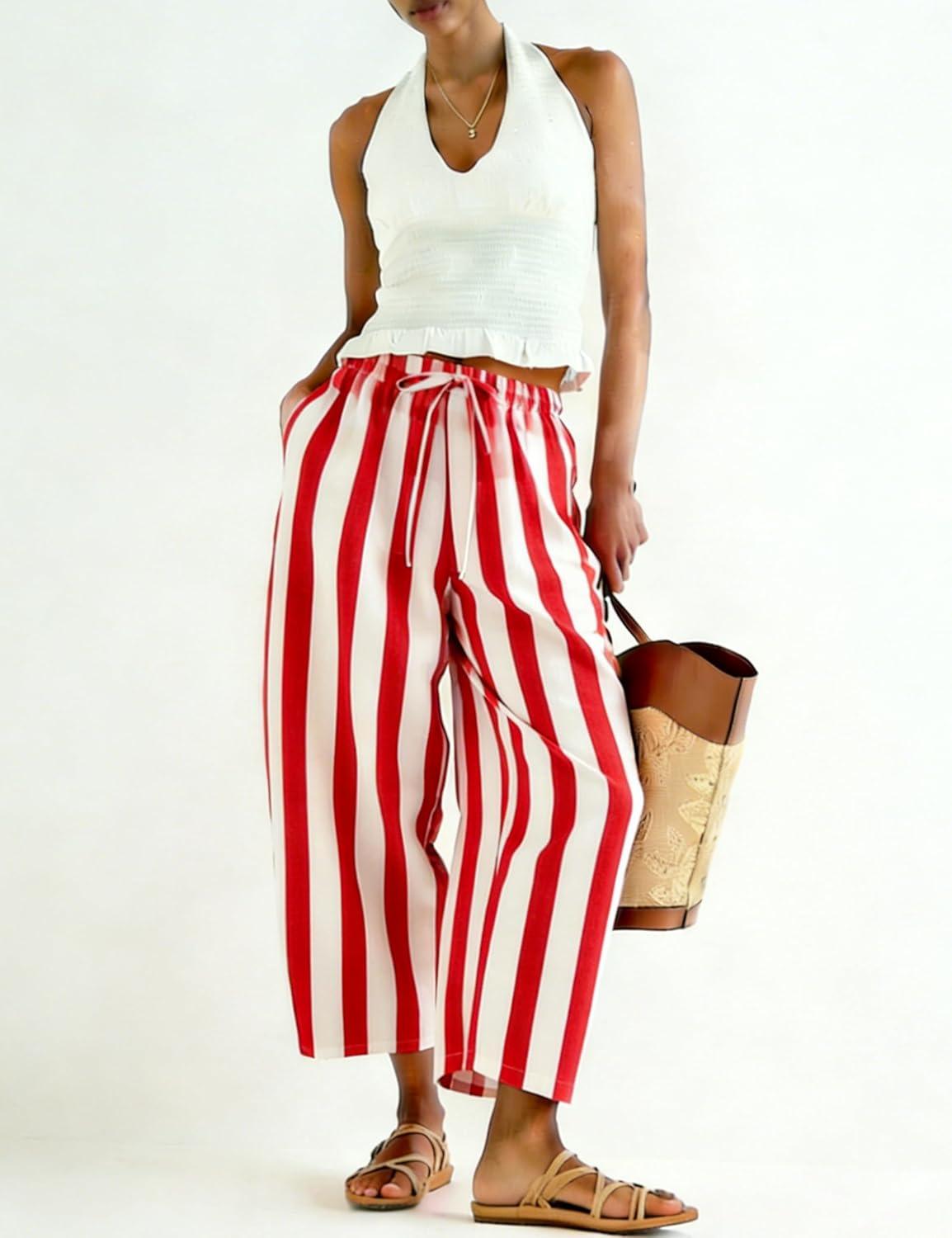 imageTanming Womens Linen Pants Casual Striped Drawstring Wide Leg Trousers Palazzo Pants with Pockets Beach Vacation BottomsRed