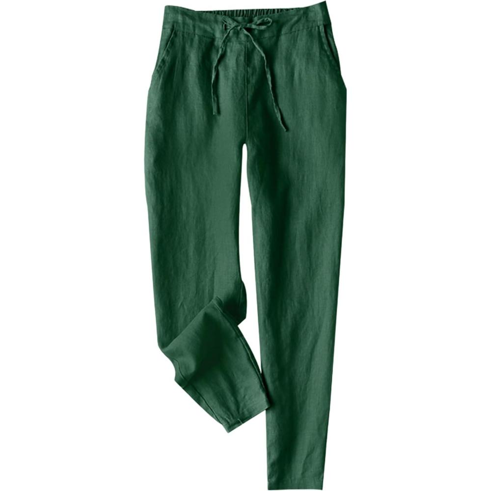 imageTanming Linen Pants for Women Summer Casual High Waisted Drawstring White Beach PantDark Green