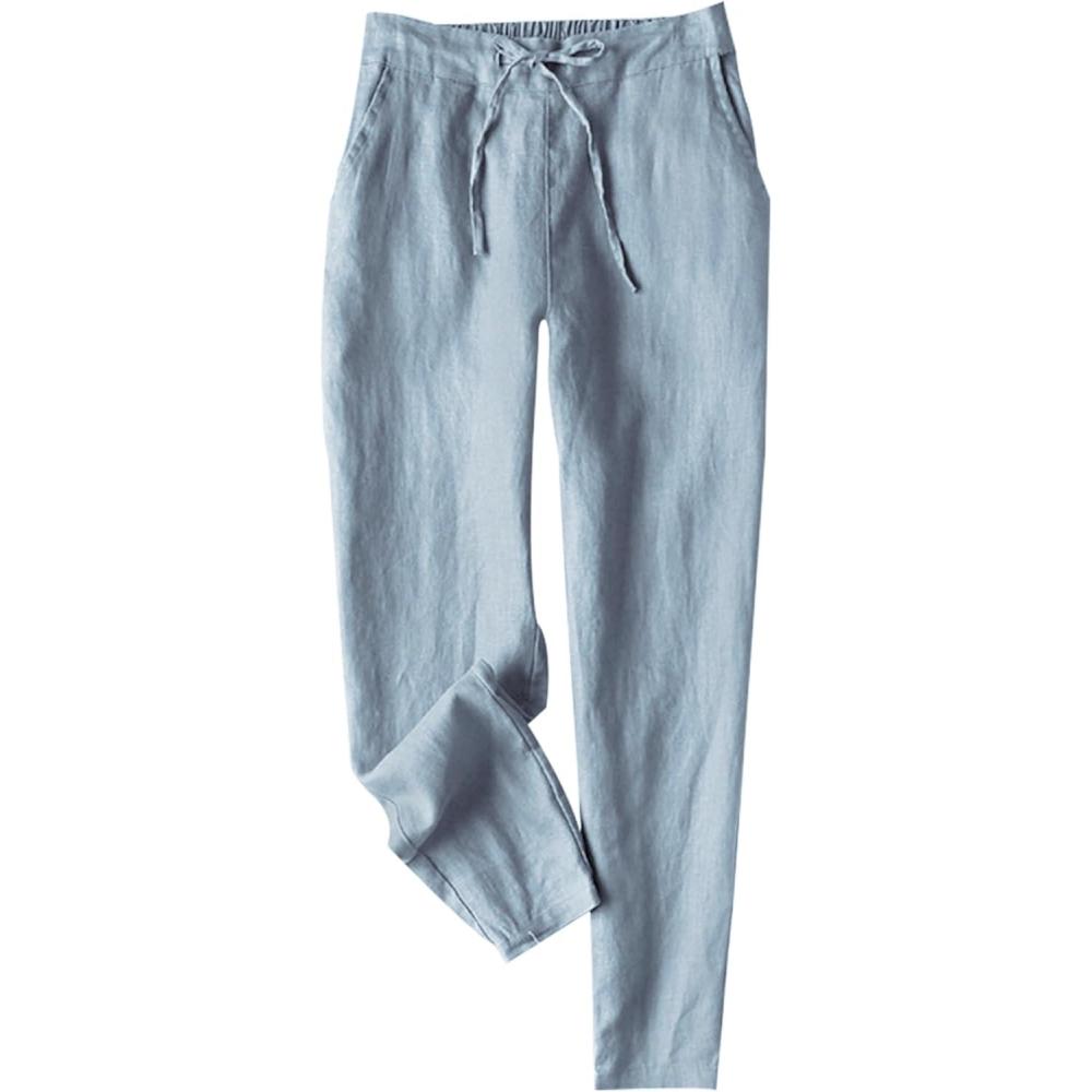 imageTanming Linen Pants for Women Summer Casual High Waisted Drawstring White Beach PantLight Blue