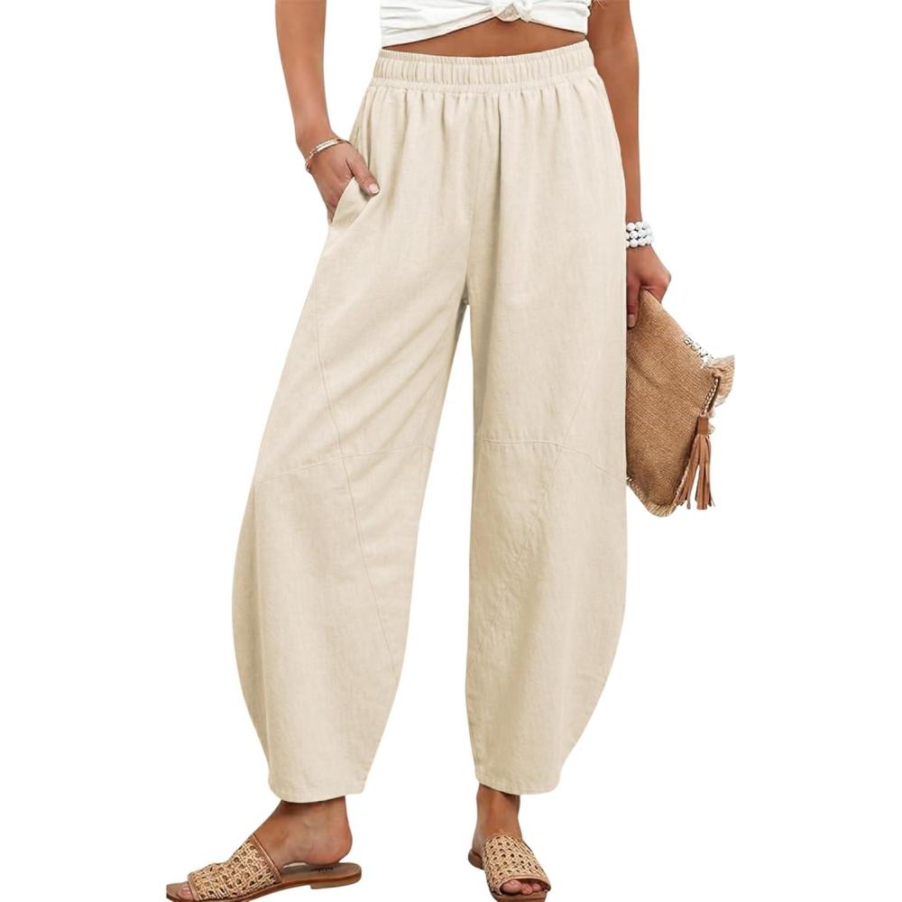 imageTanming Womens Barrel Pants High Elastic Waisted Summer Capri Pants Loose Fit Casual Wide Leg TrousersApricot