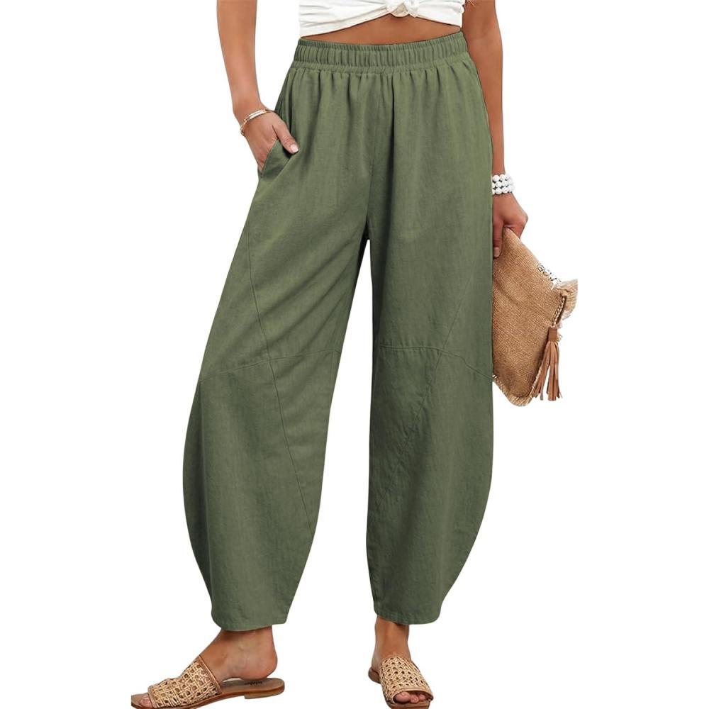 imageTanming Womens Barrel Pants High Elastic Waisted Summer Capri Pants Loose Fit Casual Wide Leg TrousersArmy Green