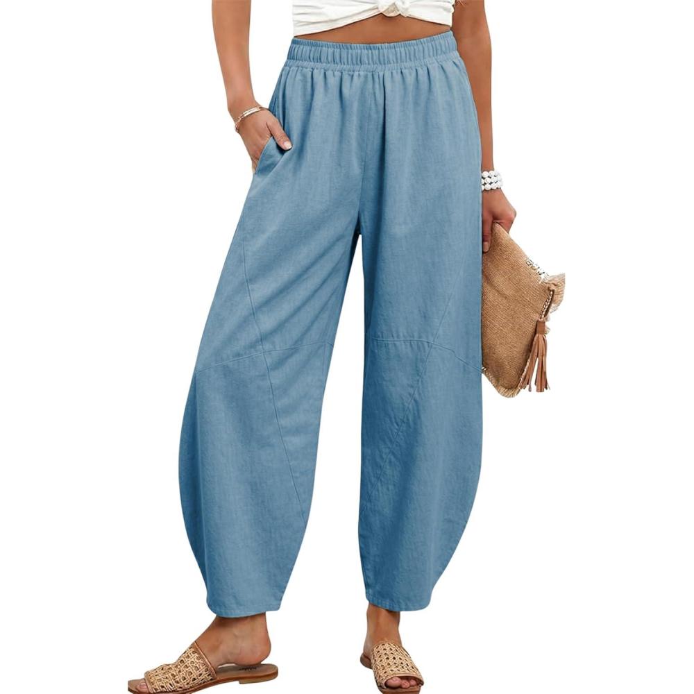 imageTanming Womens Barrel Pants High Elastic Waisted Summer Capri Pants Loose Fit Casual Wide Leg TrousersLight Blue