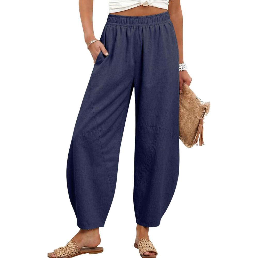 imageTanming Womens Barrel Pants High Elastic Waisted Summer Capri Pants Loose Fit Casual Wide Leg TrousersNavy