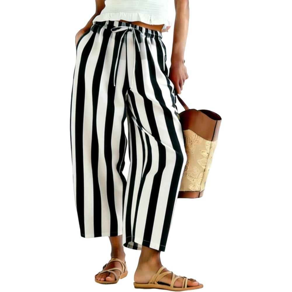 imageTanming Womens Linen Pants Casual Striped Drawstring Wide Leg Trousers Palazzo Pants with Pockets Beach Vacation BottomsBlack