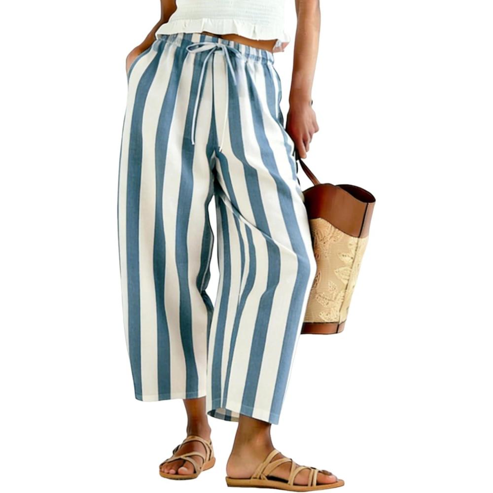 imageTanming Womens Linen Pants Casual Striped Drawstring Wide Leg Trousers Palazzo Pants with Pockets Beach Vacation BottomsBluegrey