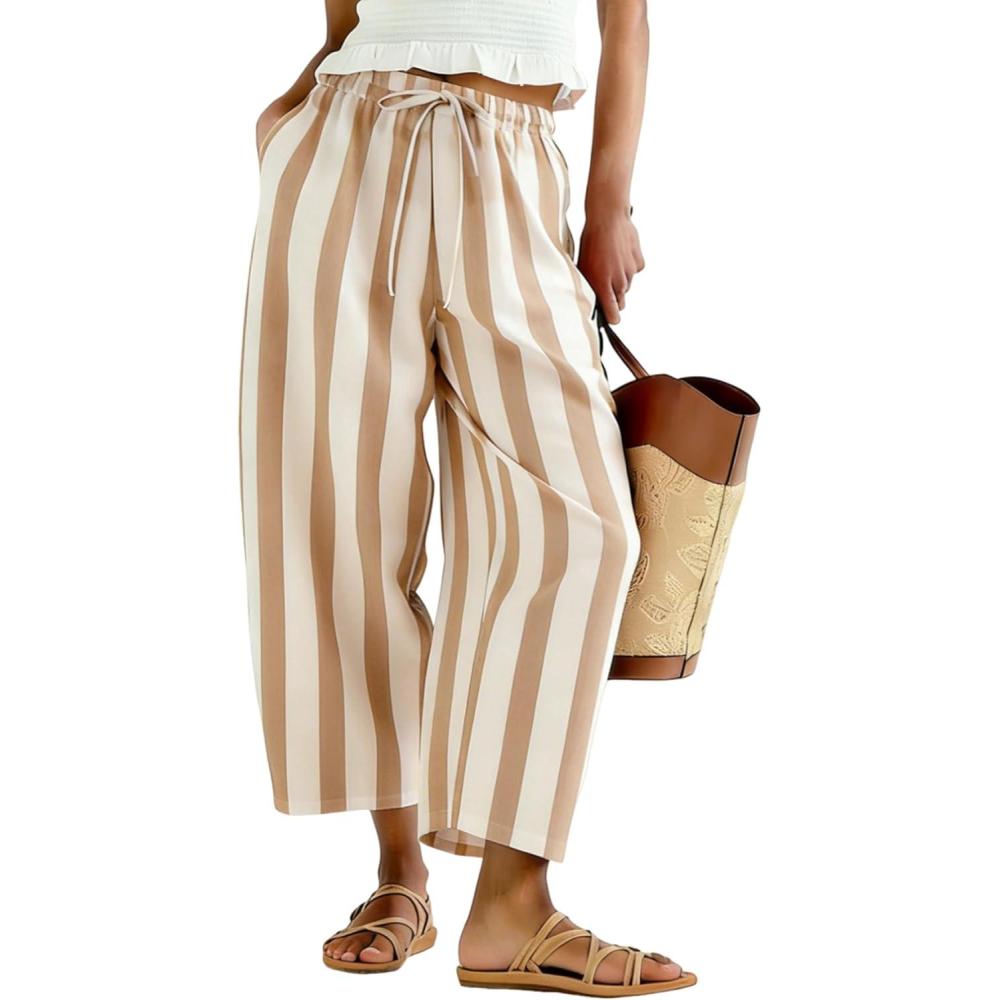imageTanming Womens Linen Pants Casual Striped Drawstring Wide Leg Trousers Palazzo Pants with Pockets Beach Vacation BottomsKhaki