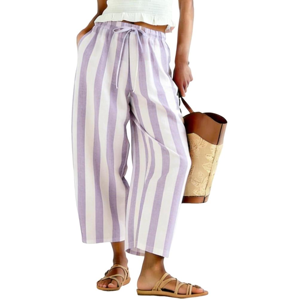 imageTanming Womens Linen Pants Casual Striped Drawstring Wide Leg Trousers Palazzo Pants with Pockets Beach Vacation BottomsPurple