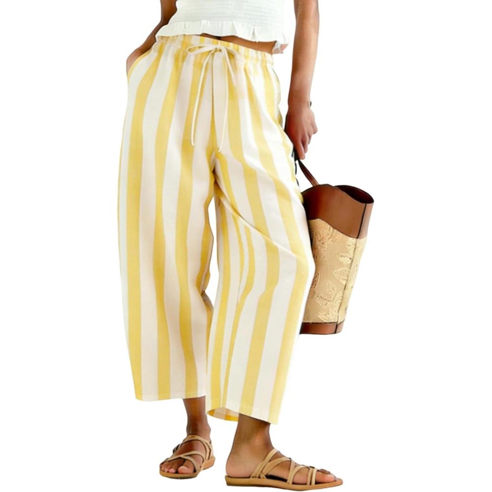 imageTanming Womens Linen Pants Casual Striped Drawstring Wide Leg Trousers Palazzo Pants with Pockets Beach Vacation BottomsYellow