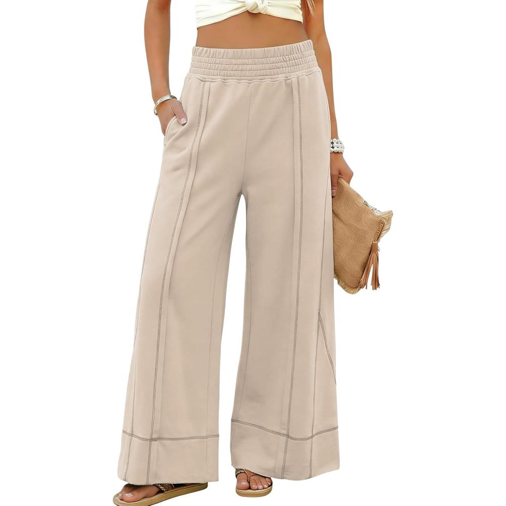 imageTanming Womens Wide Leg Pants Cotton Stretchy High Waisted Palazzo Pants Daily Workout Wear Lounge Sweatpants with PocketsApricot