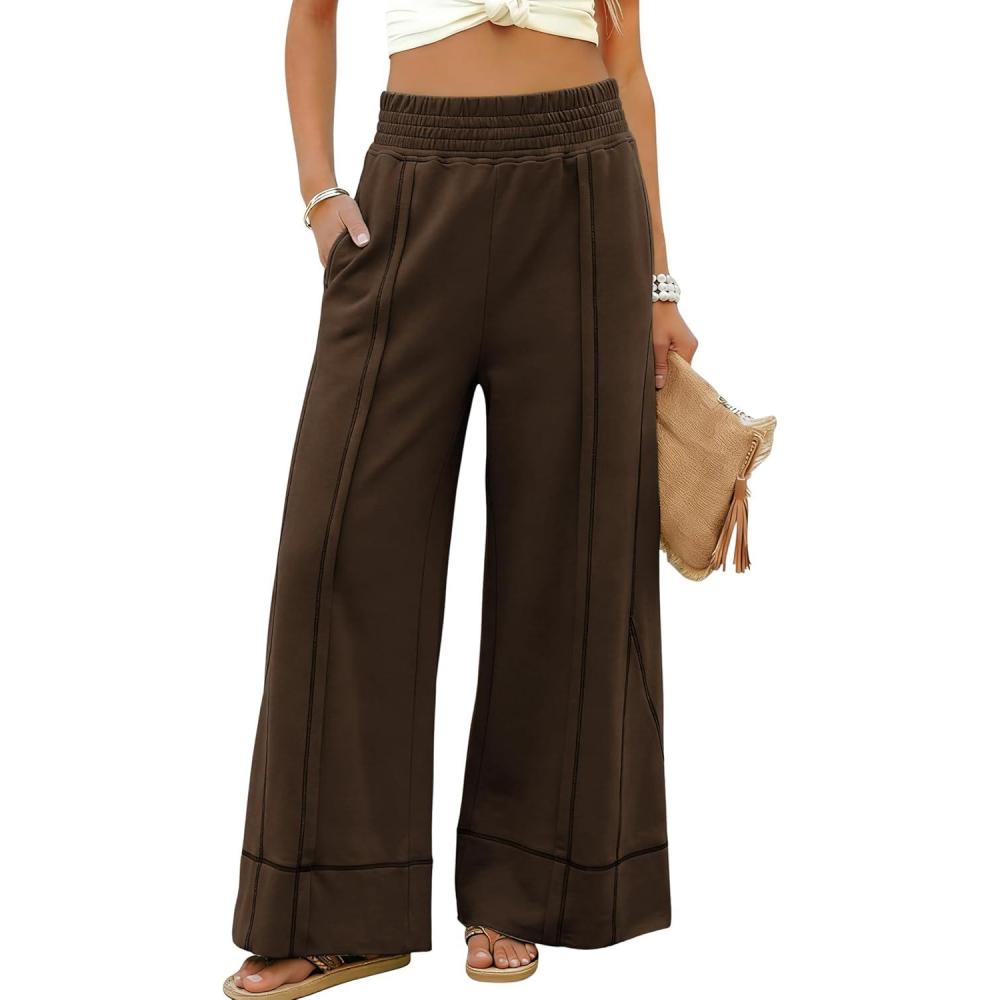 imageTanming Womens Wide Leg Pants Cotton Stretchy High Waisted Palazzo Pants Daily Workout Wear Lounge Sweatpants with PocketsCoffee