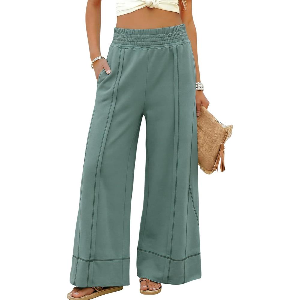 imageTanming Womens Wide Leg Pants Cotton Stretchy High Waisted Palazzo Pants Daily Workout Wear Lounge Sweatpants with PocketsGreen