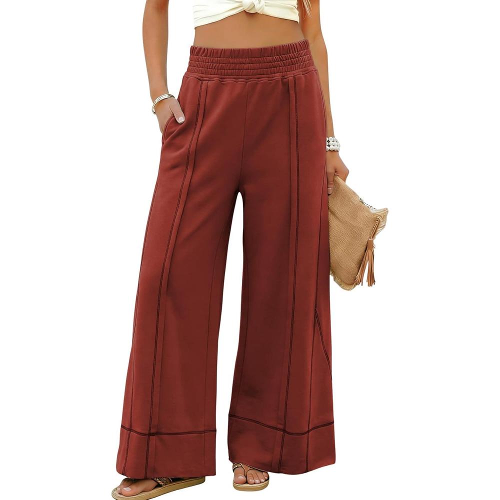 imageTanming Womens Wide Leg Pants Cotton Stretchy High Waisted Palazzo Pants Daily Workout Wear Lounge Sweatpants with PocketsRust