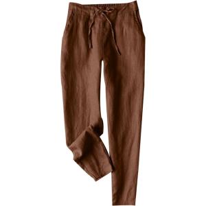 Tanming Linen Pants for Women Summer Casual High Waisted Drawstring White Beach Pant(Brown)