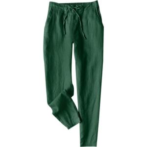 Tanming Linen Pants for Women Summer Casual High Waisted Drawstring White Beach Pant(Dark Green)