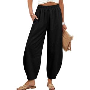 Tanming Womens Barrel Pants High Elastic Waisted Summer Capri Pants Loose Fit Casual Wide Leg Trousers(Black)