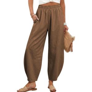 Tanming Womens Barrel Pants High Elastic Waisted Summer Capri Pants Loose Fit Casual Wide Leg Trousers(Coffee)