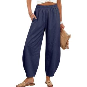 Tanming Womens Barrel Pants High Elastic Waisted Summer Capri Pants Loose Fit Casual Wide Leg Trousers(Navy)