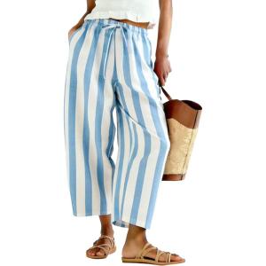 Tanming Womens Linen Pants Casual Striped Drawstring Wide Leg Trousers Palazzo Pants with Pockets Beach Vacation Bottoms(Blue)