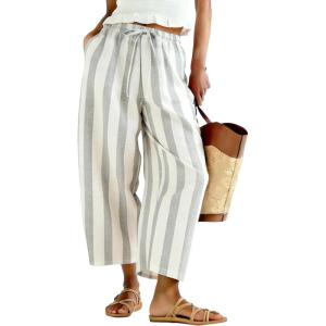 Tanming Womens Linen Pants Casual Striped Drawstring Wide Leg Trousers Palazzo Pants with Pockets Beach Vacation Bottoms(Grey)