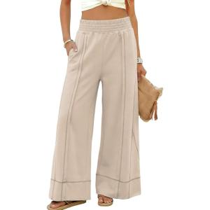 Tanming Womens Wide Leg Pants Cotton Stretchy High Waisted Palazzo Pants Daily Workout Wear Lounge Sweatpants with Pockets(Apricot)