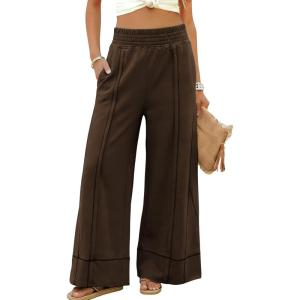 Tanming Womens Wide Leg Pants Cotton Stretchy High Waisted Palazzo Pants Daily Workout Wear Lounge Sweatpants with Pockets(Coffee)